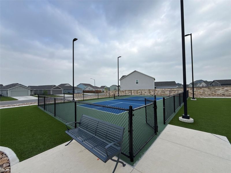 Outdoor recreational court featuring a blue playing surface with white lines, surrounded by a black chain-link fence