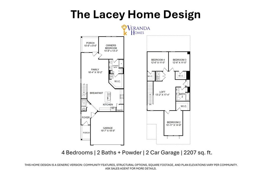 2D floor plan layout for the Lacey by Veranda Homes in Moonlite Village, Sumter, SC (Image 3).