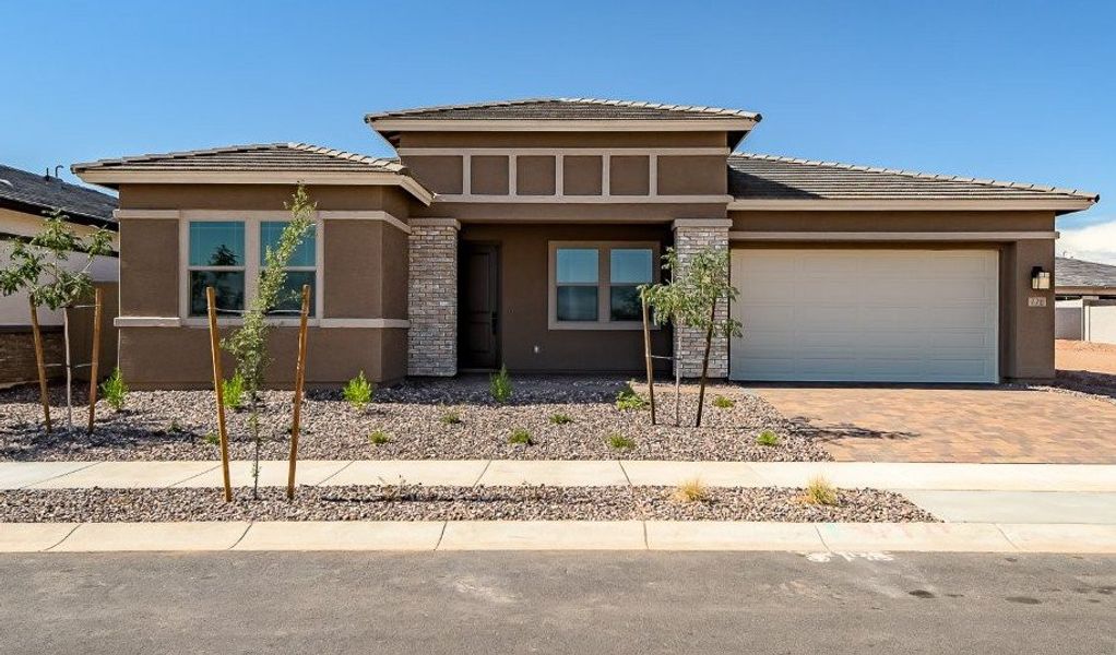 Front exterior of a new home in Palo Verde at North Creek, Queen Creek, AZ, highlighting curb appeal (Image 4).