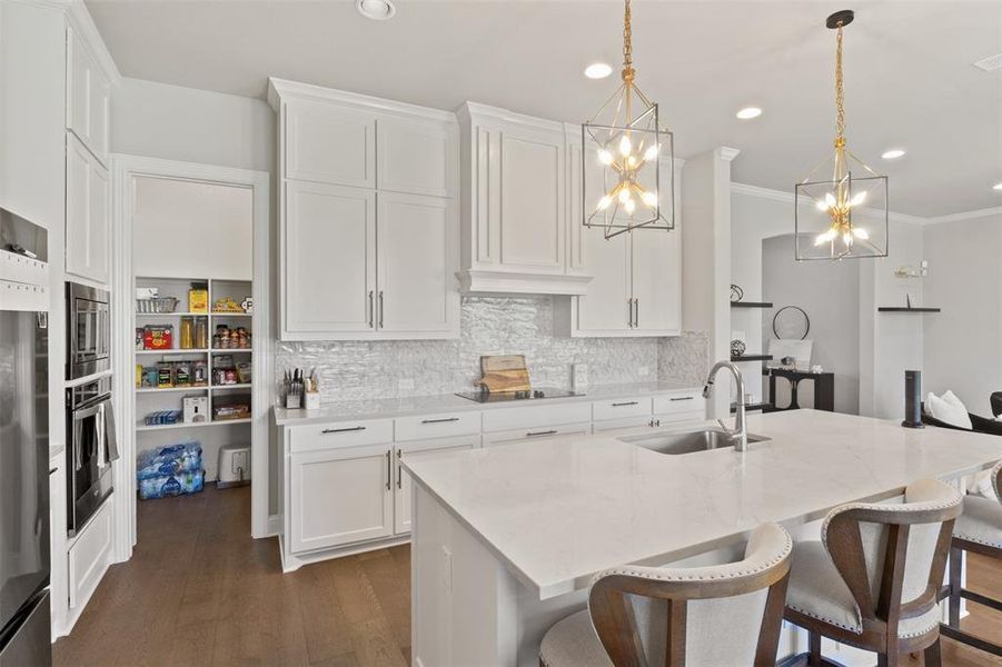 Kitchen with an island with sink, decorative light fixtures, sink, and walk in pantry