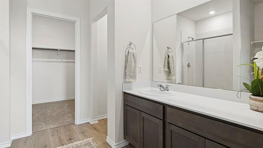 The bathroom features a vanity with dark wood cabinetry, a white countertop with a sink, and a large mirror