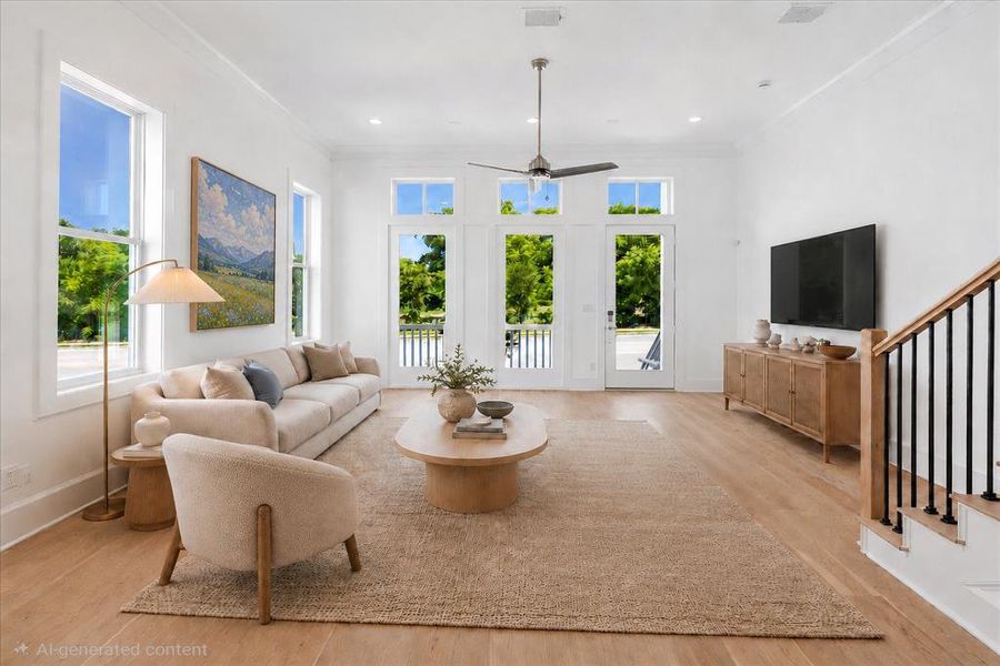 Bright living space featuring expansive windows and a glass-paneled door