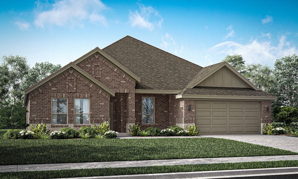 Representative exterior photo of a completed home built from the Hampton II by Impression Homes in Mountain Valley Lake, Burleson, TX (Image 10). Representative exterior photo of a completed home built from the Hampton II by Impression Homes in Mountain Valley Lake, Burleson, TX (Image 10).