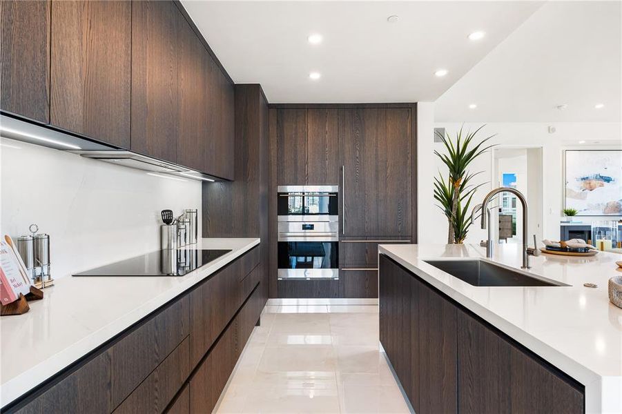 Kitchen with european cabinetry and upgraded quartz countertops.