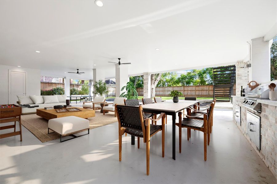 The ground level of this home was expertly designed to utilize the elevation for entertaining space large enough to include dining, formal seating space, gaming stations like foosball and ping pong with fans and all covered to enjoy at any time! *Virtually staged. The ground level of this home was expertly designed to utilize the elevation for entertaining space large enough to include dining, formal seating space, gaming stations like foosball and ping pong with fans and all covered to enjoy at any time! *Virtually staged.