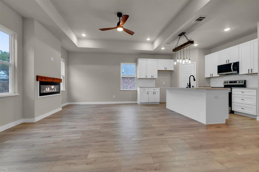 Kitchen featuring ceiling fan, stainless steel appliances, white cabinetry, and light hardwood / wood-style flooring