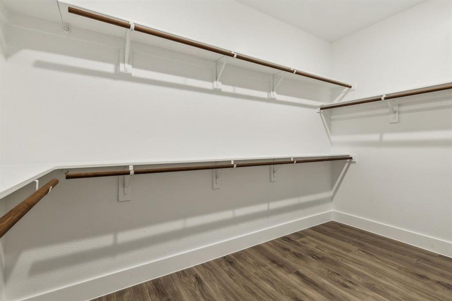 Spacious closet with dark hardwood / wood-style flooring