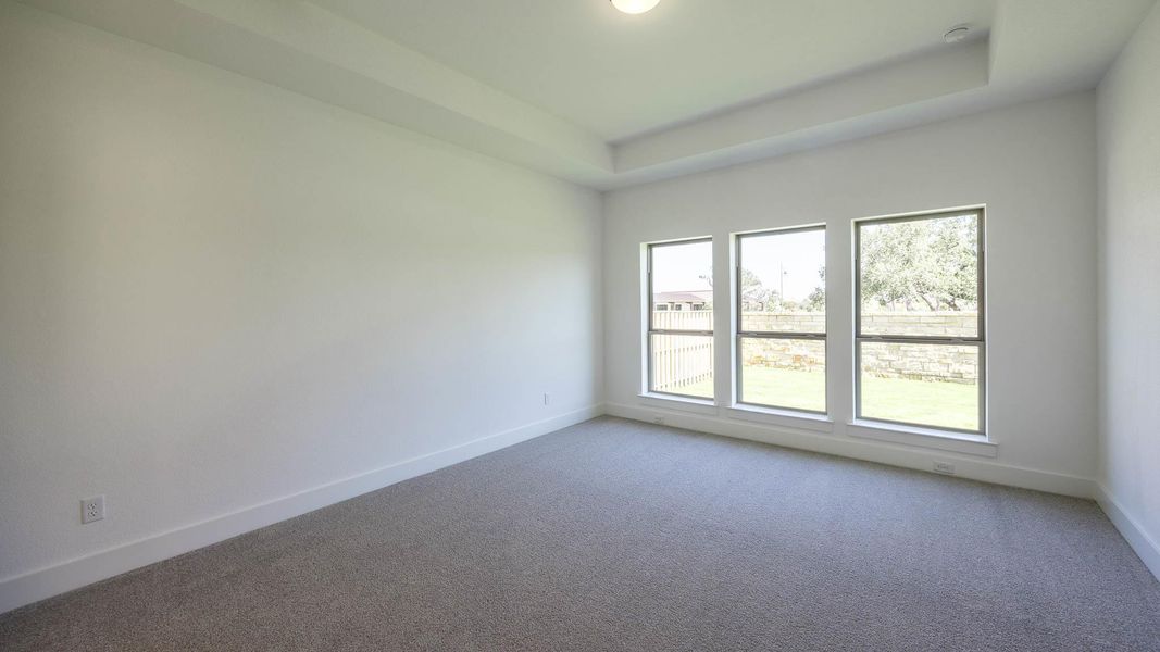 Empty room with carpet flooring and a tray ceiling