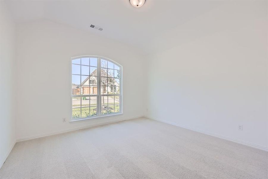 Carpeted spare room featuring lofted ceiling