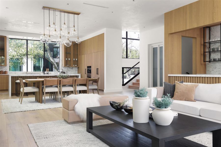 Living room with light wood-type flooring