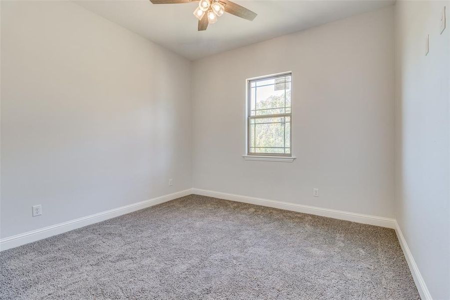 Unfurnished room with carpet flooring and ceiling fan