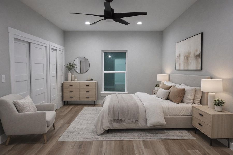 Bedroom with wood finished floors, a ceiling fan, and recessed lighting