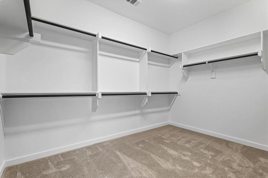 Spacious master closet with carpet flooring