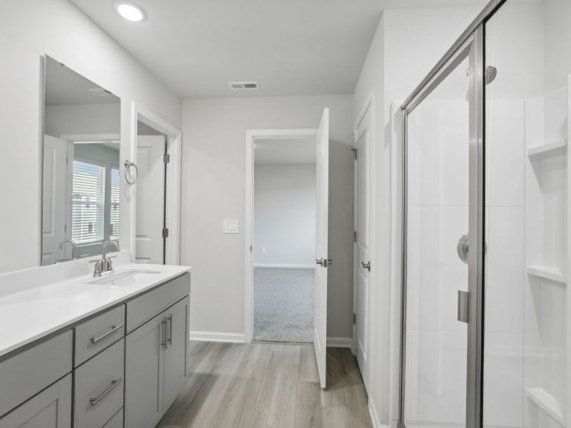 Primary bathroom in the Chatham floorplan at 250 White Birch Lane in Angier, NC.