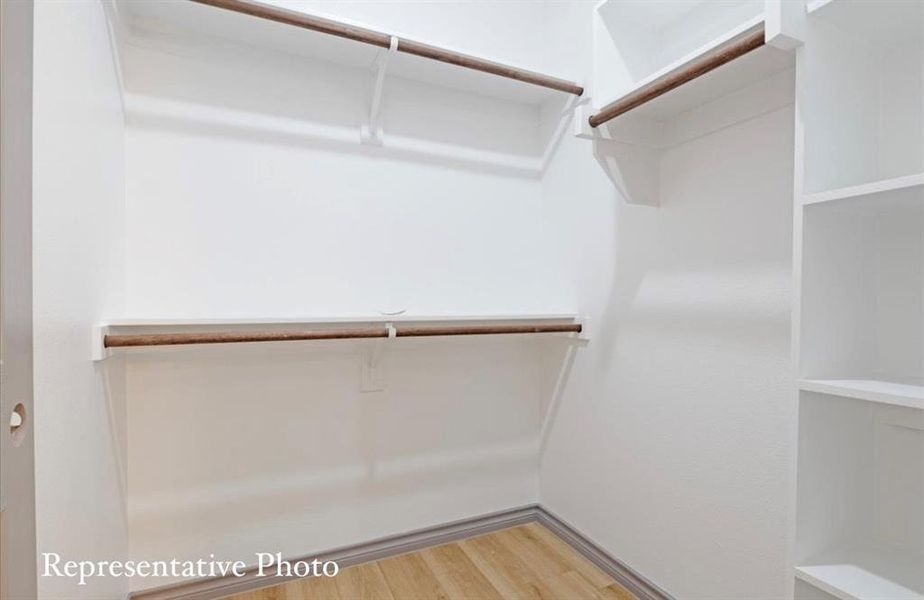 Walk in closet with wood-type flooring