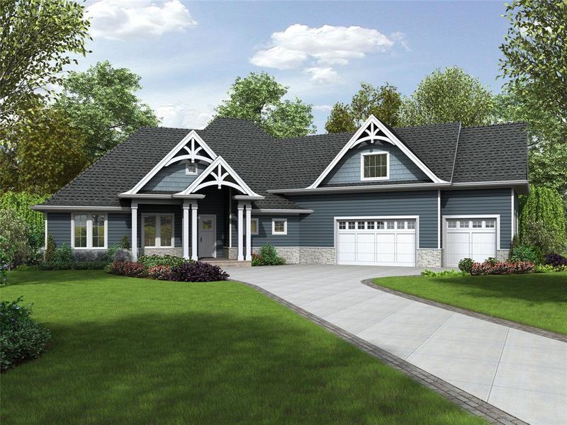 View of front facade with an attached garage, concrete driveway, a front lawn, and stone siding View of front facade with an attached garage, concrete driveway, a front lawn, and stone siding