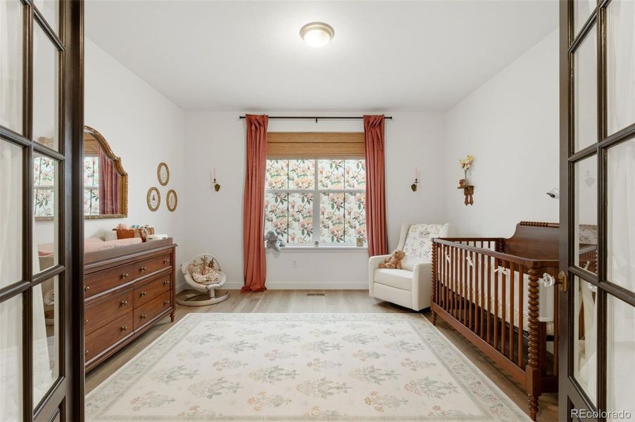 Bedroom 3 on main floor with custom french doors currently a nursery.