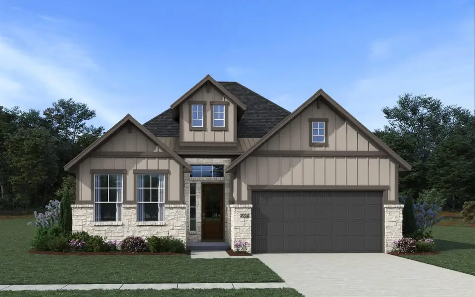 Front exterior of a new home in Alsatian Oaks, Castroville, TX, highlighting curb appeal (Image 3).