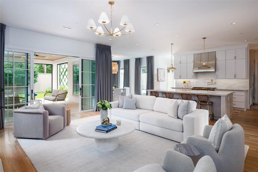 Family room with gas fireplace and designer window treatments