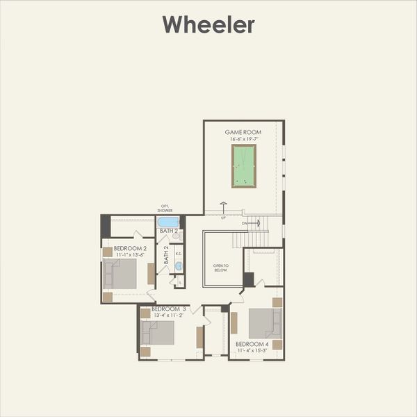 2D floor plan layout for the Wheeler by Pulte Homes in Blue Creek Trails, Richmond, TX (Image 4).