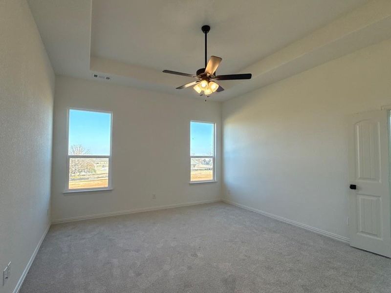 Carpeted empty room featuring a raised ceiling and a ceiling fan