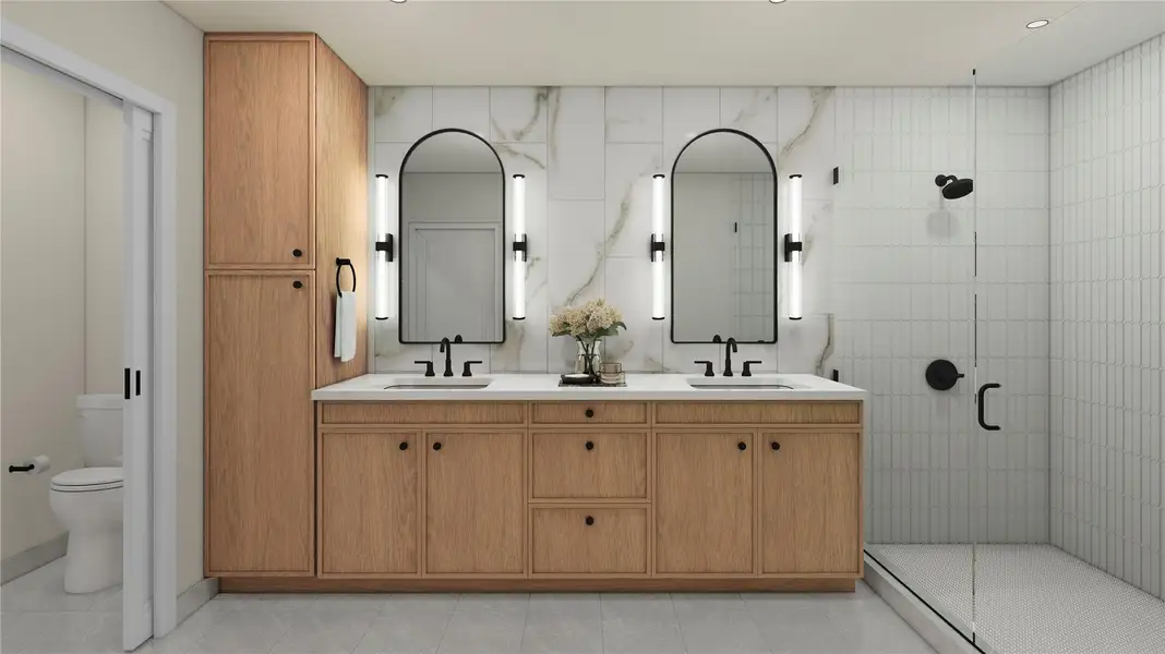 Full bathroom featuring double vanity, tile walls, a stall shower, and recessed lighting