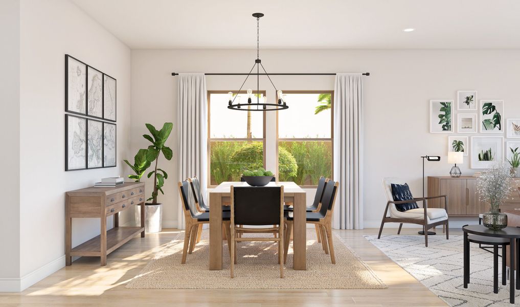 Cozy dining area with chandelier and great room with gorgeous floors