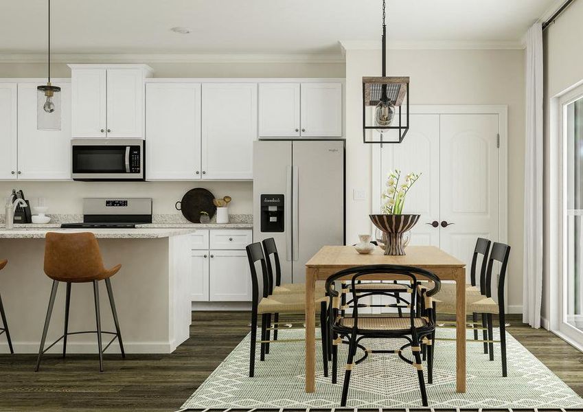 Rendering of the dining area next to the
  kitchen. The space has vinyl plank flooring and a sliding glass door and is
  furnished with a six-person table.