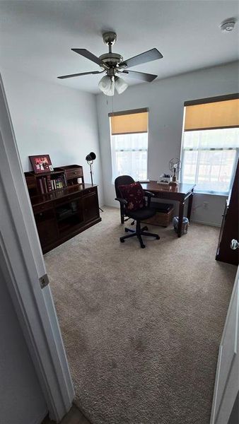 Carpeted interior room featuring two windows with roller shades, a ceiling fan with integrated lighting, and white walls