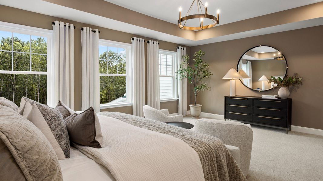 Townsend home plan expansive primary suite with lots of windows, walk-in closet and en suite bathroom