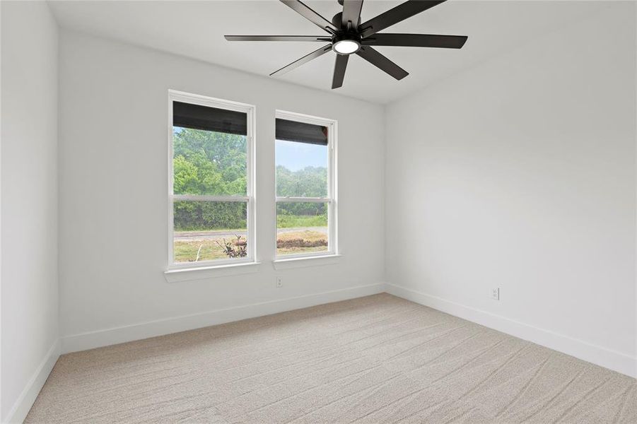 Carpeted empty room featuring baseboards and ceiling fan Carpeted empty room featuring baseboards and ceiling fan