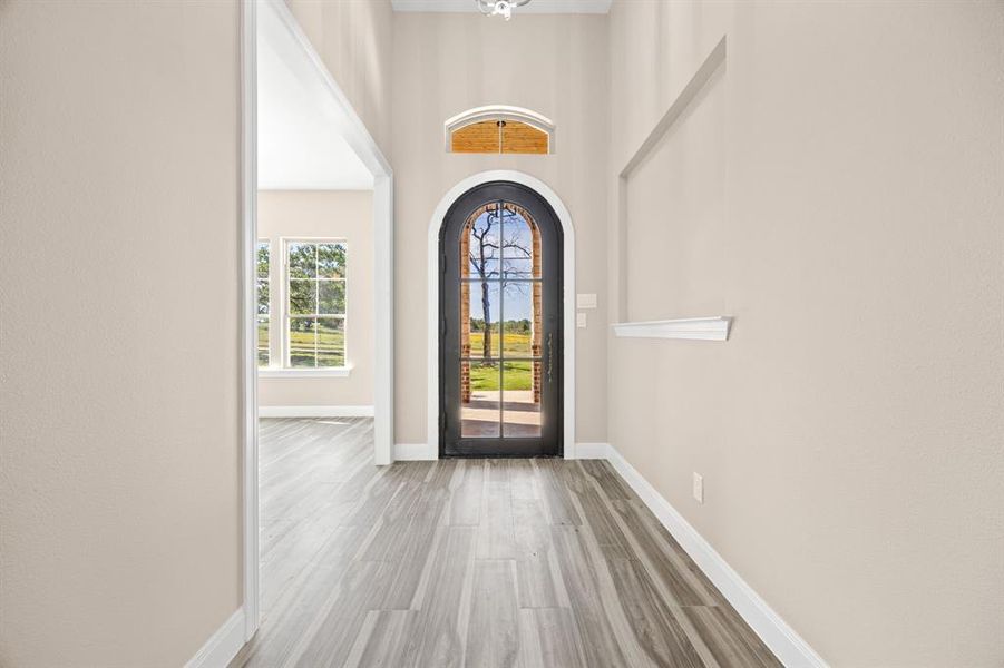 Foyer entrance with a high ceiling and hardwood / wood-style floors