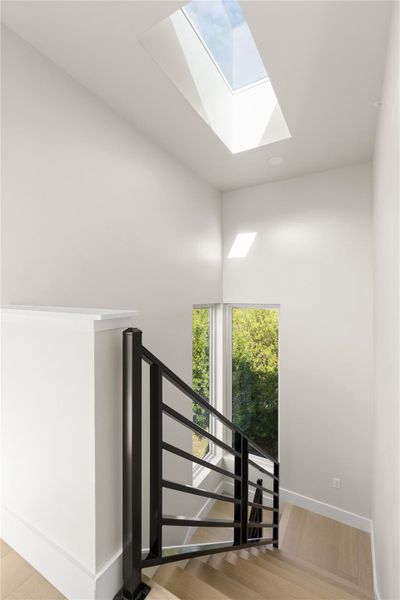 A skylight illuminates this modern staircase featuring light wood steps and a black metal railing.