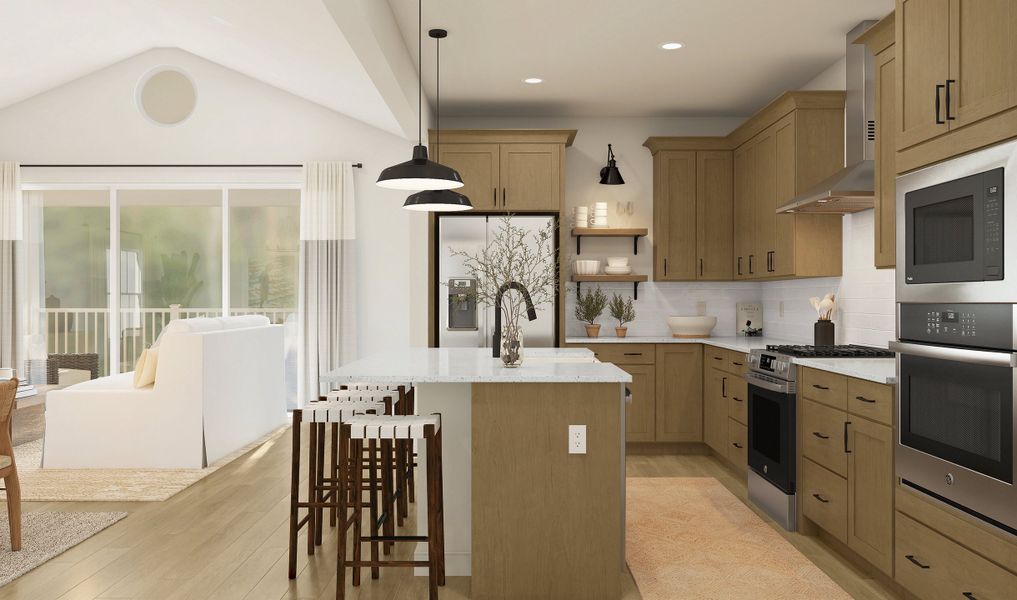 Kitchen with pendant lights over island