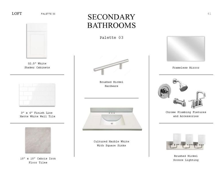 Loft Look Palette 3: Secondary Bathroom Selection Sheet (*Artist rendering used for illustration purposes only.)