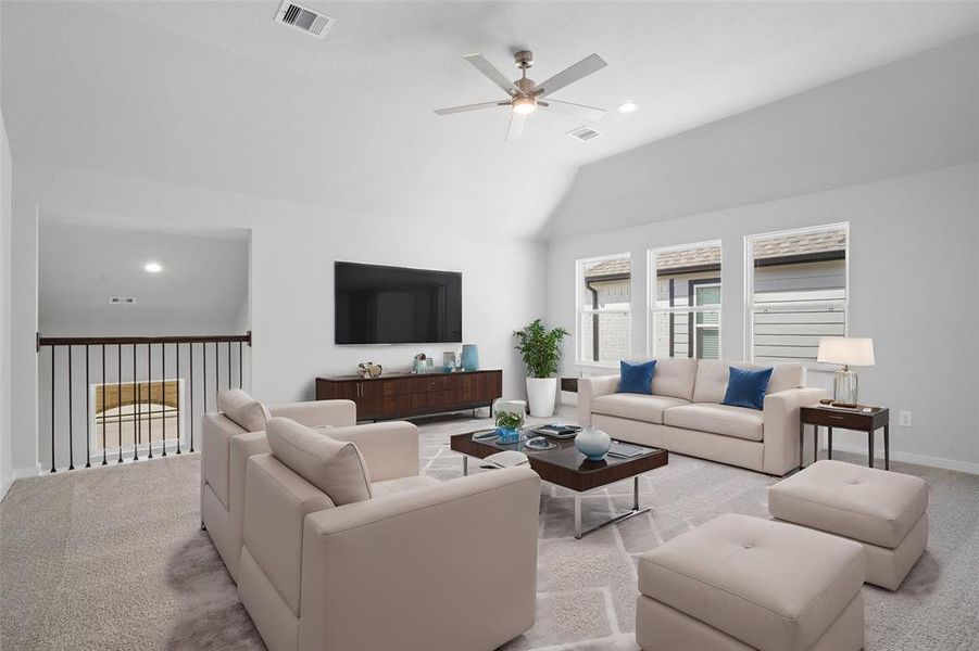 Come upstairs and enjoy a day of leisure in this fabulous game room! This is the perfect hangout spot or adult game room, this space features plush carpet, high ceiling, recessed lighting, ceiling fan, custom paint and large windows.