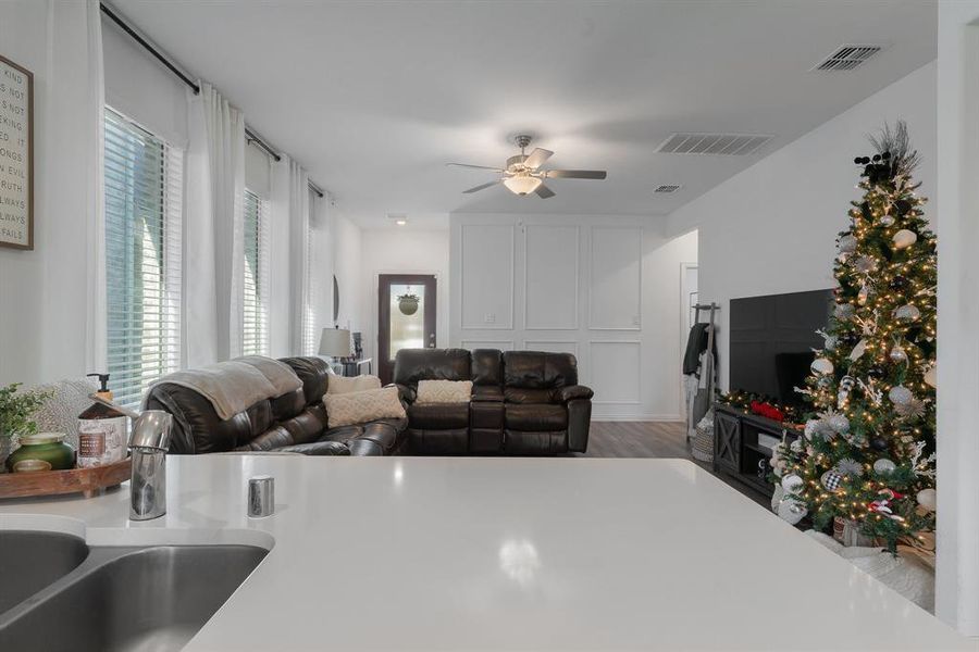 Kitchen with white cabinets, ceiling fan, wood-type flooring, and a wealth of natural light