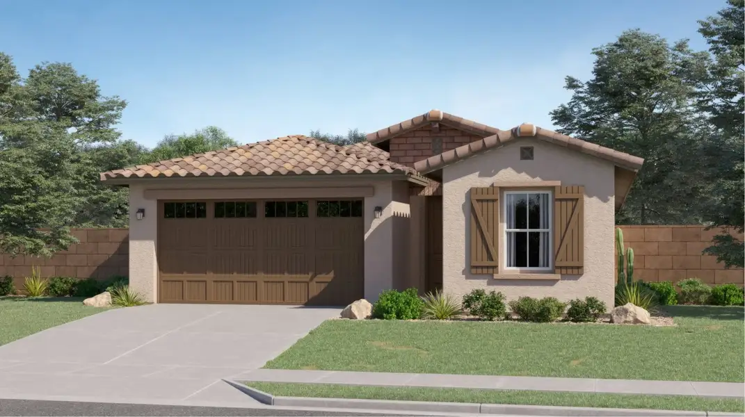 Front exterior of a new home in Asante Artisan, Surprise, AZ, highlighting curb appeal (Image 1). Front exterior of a new home in Asante Artisan, Surprise, AZ, highlighting curb appeal (Image 1).