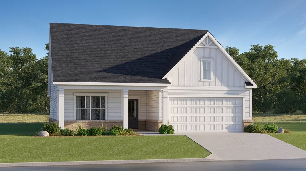 Front exterior of a new home in Twelve Parks 55+, Sharpsburg, GA, highlighting curb appeal (Image 1). Front exterior of a new home in Twelve Parks 55+, Sharpsburg, GA, highlighting curb appeal (Image 1).