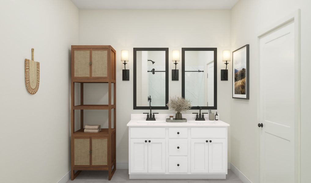 Primary bath with dual sinks and matte black fixtures