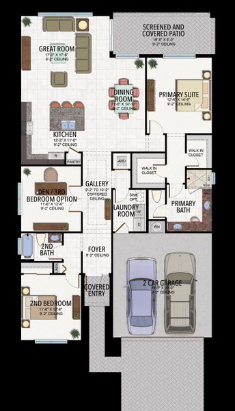 2D floor plan layout for the Sanderling by GL Homes in Valencia Parc at Riverland, Port St. Lucie, FL (Image 4).