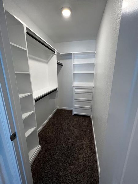 Walk in closet featuring dark carpet Walk in closet featuring dark carpet