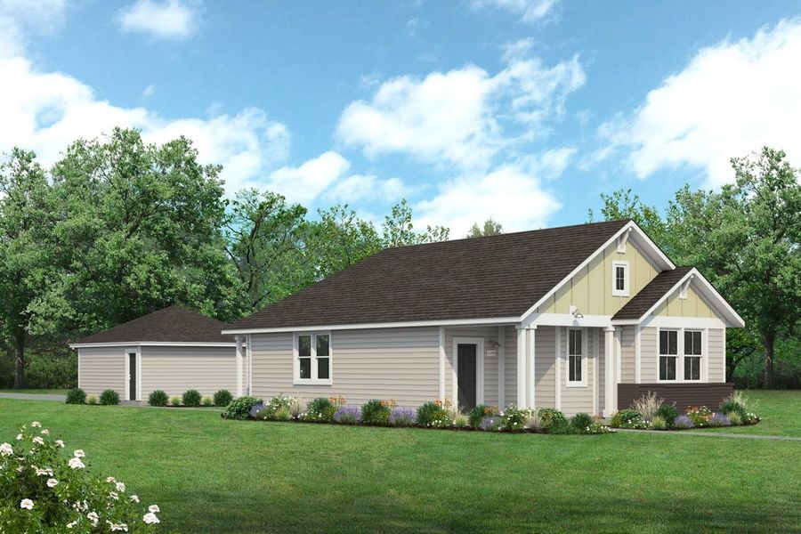 Rendering of one story yellow and tan home with black door and dark brown painted brick with detached garage with sky and landscaping Rendering of one story yellow and tan home with black door and dark brown painted brick with detached garage with sky and landscaping