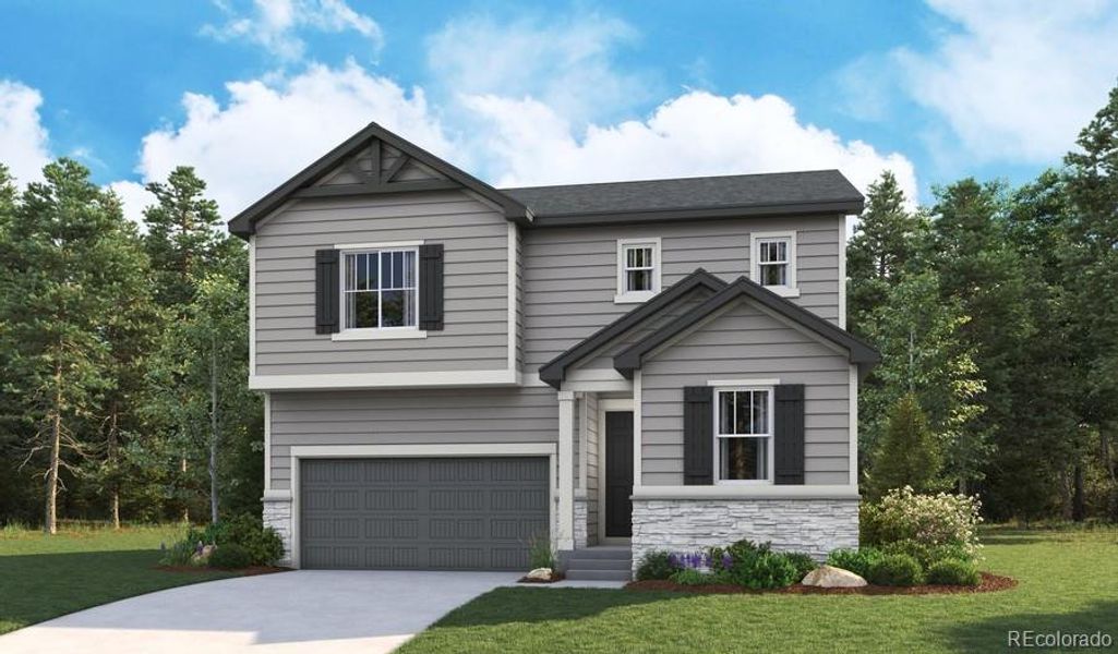 Front exterior of a new home in Prairie Song, Windsor, CO, highlighting curb appeal (Image 6). Front exterior of a new home in Prairie Song, Windsor, CO, highlighting curb appeal (Image 6).