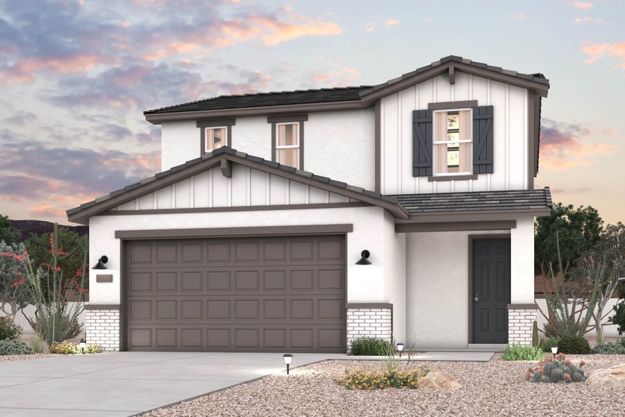 Twilight rendering of front of new home for sale in San Tan Valley, AZ at Skyline Village the Highlands Collection by Century Communities with 2 car garage. Twilight rendering of front of new home for sale in San Tan Valley, AZ at Skyline Village the Highlands Collection by Century Communities with 2 car garage.