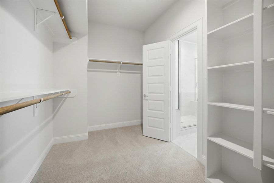 Spacious and bright, the primary bedroom closet offers ample storage with built-in shelves and hanging space, seamlessly connecting to the ensuite for ultimate convenience.