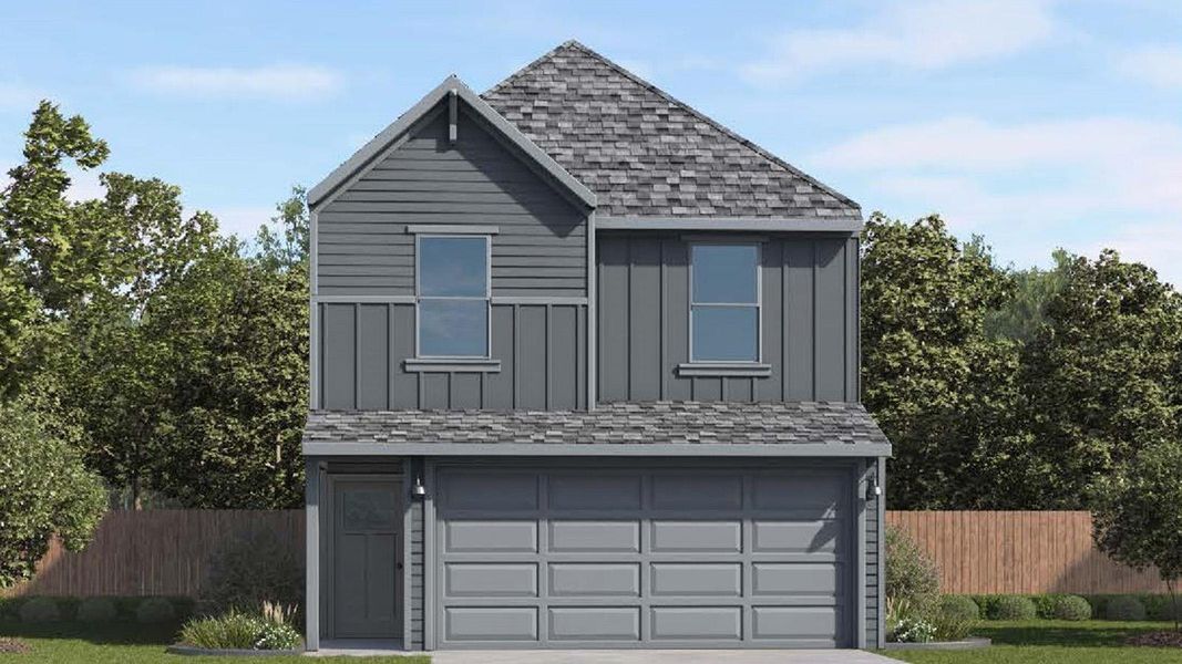 Modern two-story residence with attached garage and contrasting siding details. Modern two-story residence with attached garage and contrasting siding details.