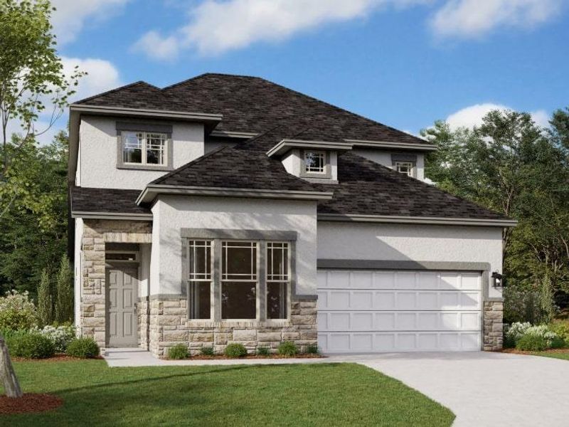 Front exterior of a new home in Estancia West, Manchaca, TX, highlighting curb appeal (Image 2). Front exterior of a new home in Estancia West, Manchaca, TX, highlighting curb appeal (Image 2).