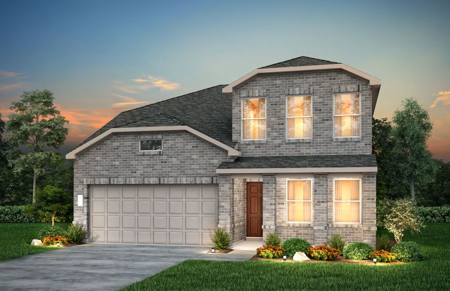 The Dinero, a one-story home with 2-car garage, shown with Home Exterior TR201