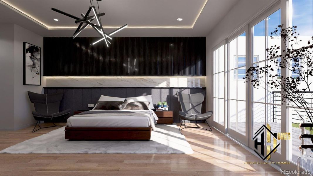 Spacious custom primary bedroom with deck space Spacious custom primary bedroom with deck space